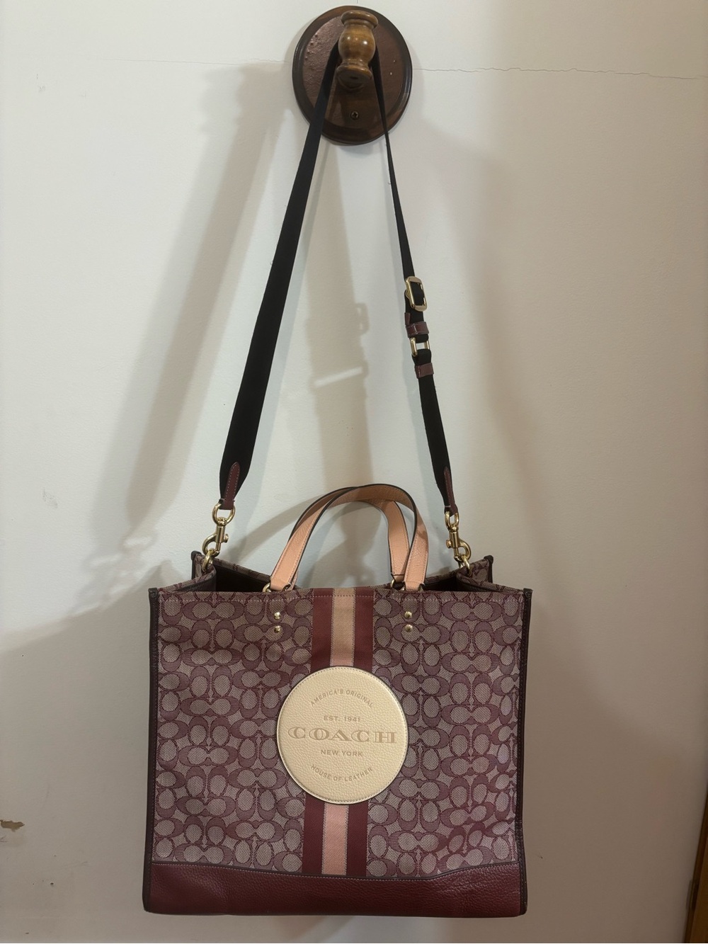 Coach Canvas Tote in Burgundy and Pink Stripe